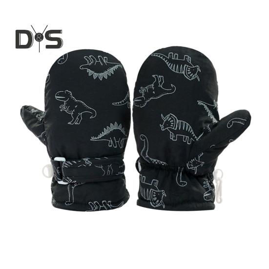 1 Pair Children Winter Mittens Thick Plush-lined Windproof Cartoon Dinosaur Cold Weather Outdoor Gloves Adjustable Fasten Strap Anti-Slip Ski Gloves
