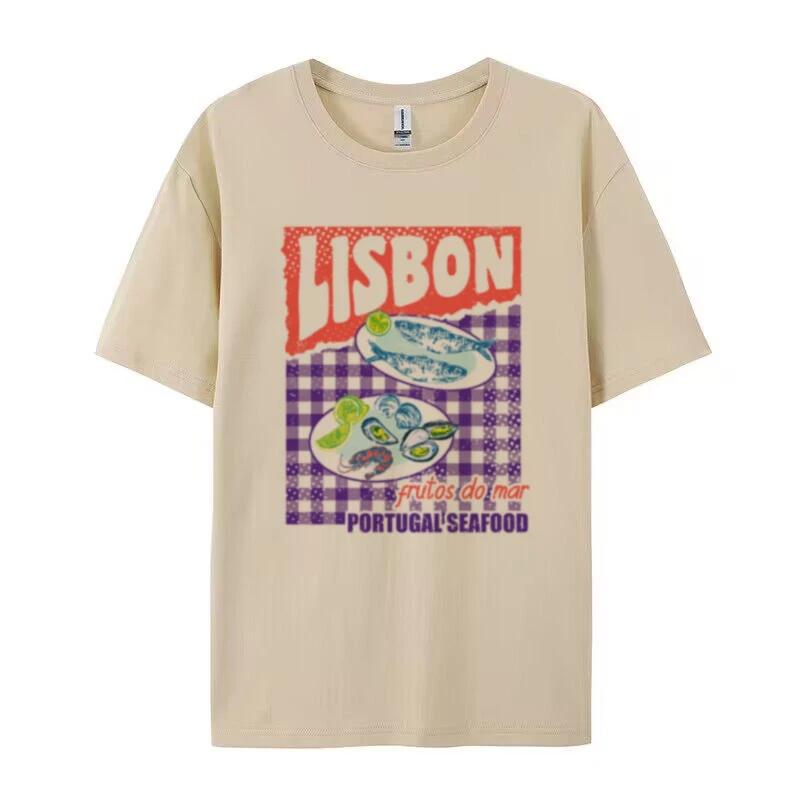 Women Retro Lisbon Seafood Graphic Tees Sardine Oyster T Shirt Cute Aesthetic Foodie TShirt Unisex Summer Loose Vacation Tops