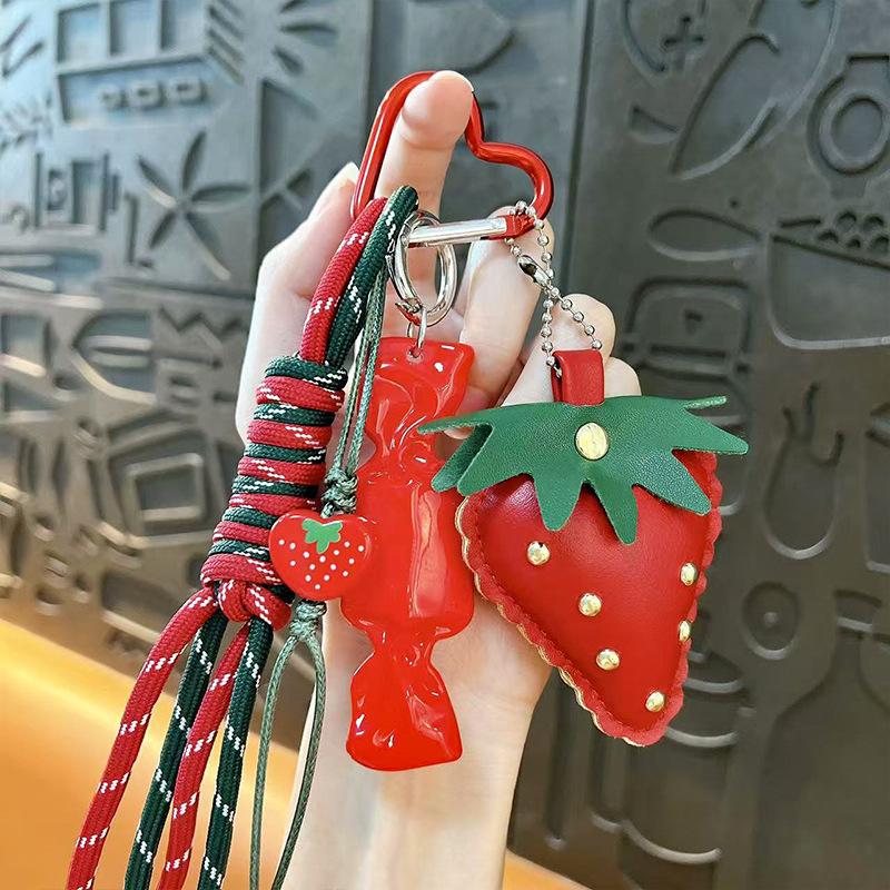 Creative cute sweet leather strawberry candy bow girl bag pendant schoolbag decorative lanyard keychain