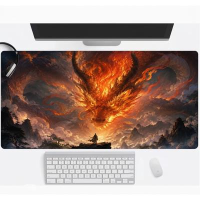 Tapis de bureau Dragon de Feu Tapis de Clavier d'Ordinateur avec Dessous en Caoutchouc Antidérapant et Bordure Artistique Rêveuse Cool Tapis de Souris