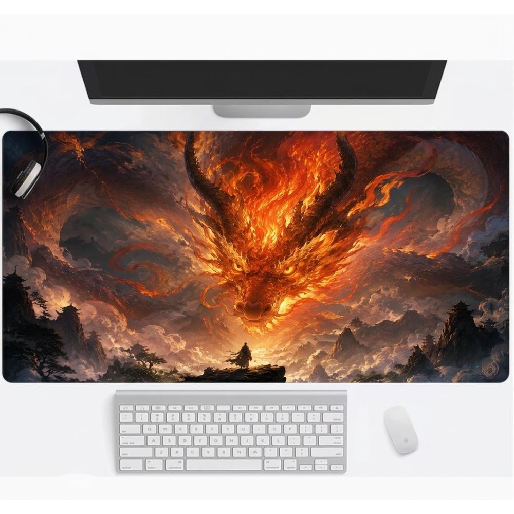 Fire Dragon Desk Mat Computer Keyboard Pad With Antislip Rubber Bottom And Cool Dreamy Artistic Edge Mouse Pad