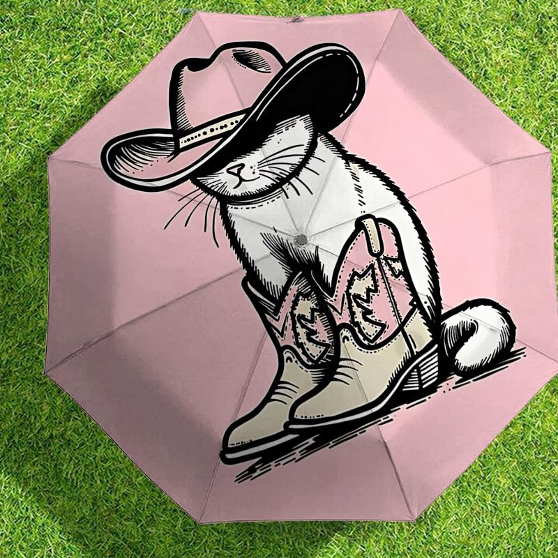 Western Cat Cowboy Hat & Boots Print Umbrella   Automatic Opening/Closing, Outdoor Gear, Travel Accessories, Perfect Gift 196