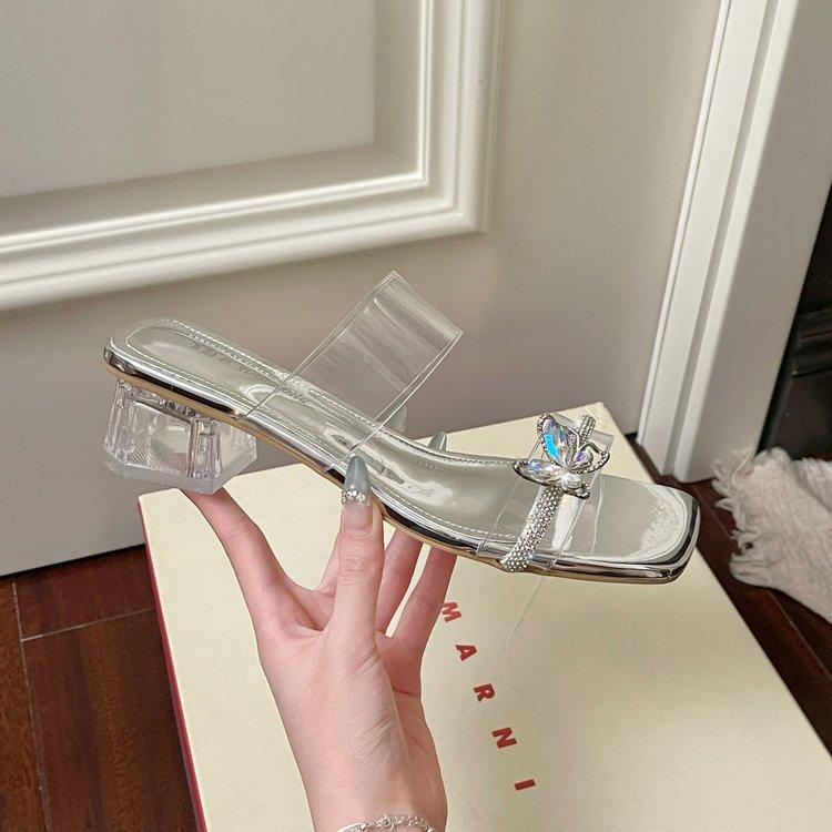 

[Youshilai] Sparkling butterfly~ Sandals women s medium heel thick heel with silver high heel cool slippers to wear outside 40