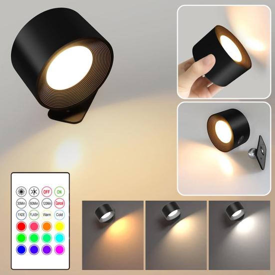 LED Vegglampe Nattlys med Fjernkontroll Dimbart Oppladbart 360-Graders Rotasjon Trådløst Veggmontert Lys
