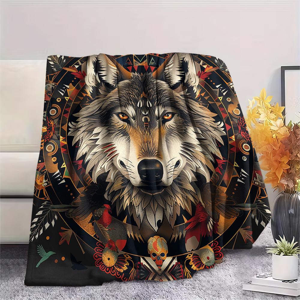 Primitive Wolf Print Flannel Blanket, High quality Comfortable for All Seasons, Home Decor, Warmth and Comfort, Perfect for Christmas Gifts