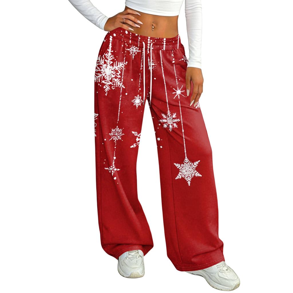 Women's Casual Christmas Print Loose Fit Straight Leg -Lined Pants with Elastic Waist for Winter