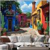 Lively Mexican Street Tapestry, Rainbow Houses with Balcony Flowers and Potted Cacti, Playful Boho Wall Art