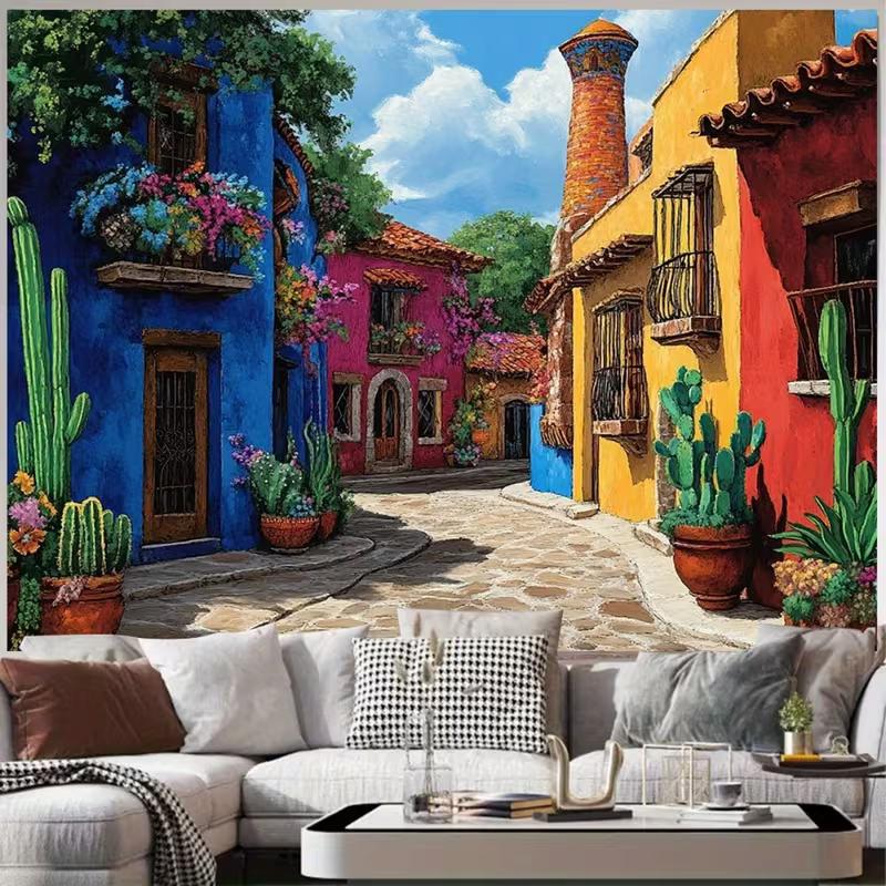 Lively Mexican Street Tapestry, Rainbow Houses with Balcony Flowers and Potted Cacti, Playful Boho Wall Art