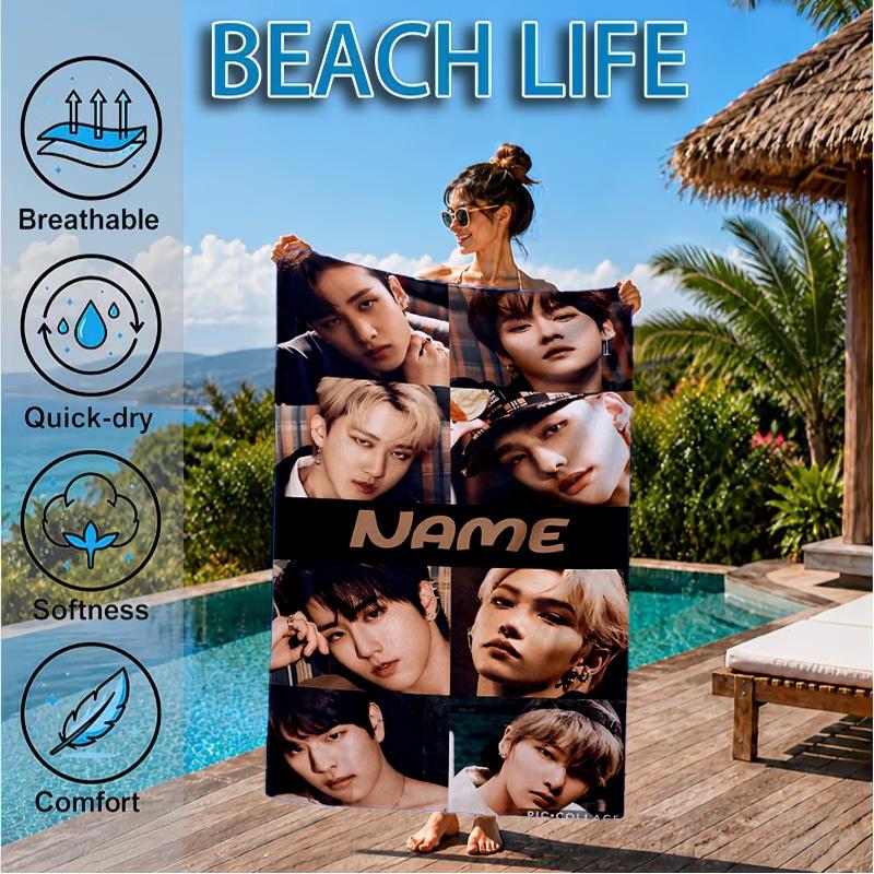 Custom Name K-pop Idol Collage Beach Towel Microfiber Beach Towel, Lightweight and Quick-Dry, for Summer Travel, Swimming Pool Gift
