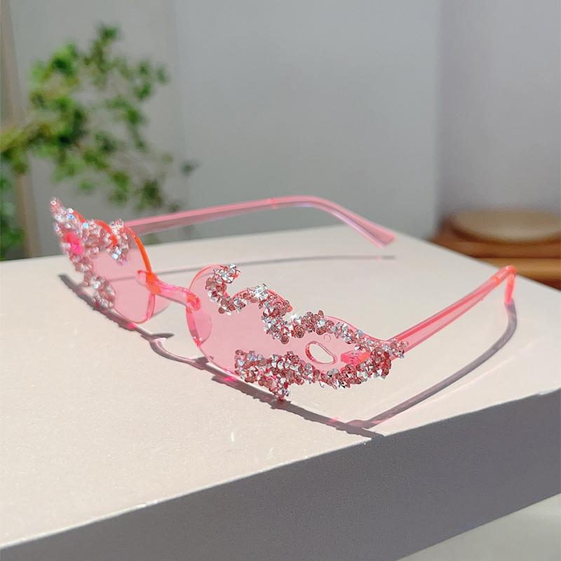 Fashion Rimless Fire Design Shades Women Candy Color Decor Party Sunglasses Chic Crystal Shiny Beach Pink Sun Glasses