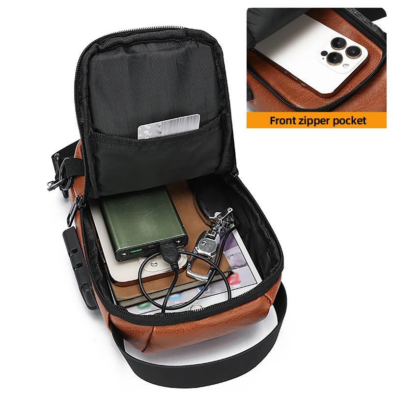 Men's Chest Bag Anti-theft USB Business Messenger Bag Multifunctional Water Repellent Shoulder Bag PU Commuter Backpack Men