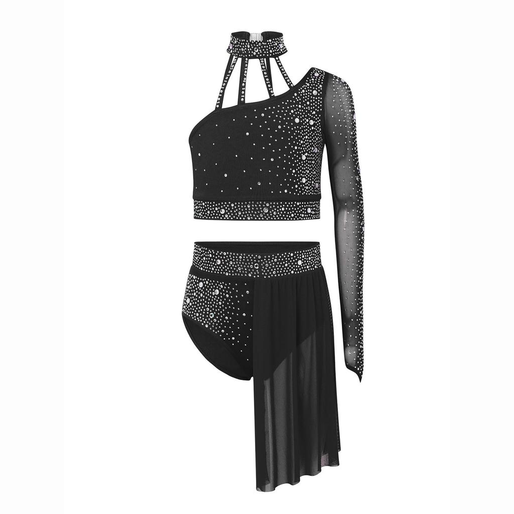 Girls Contemporary Dance Outfit One Shoulder Sheer Mesh Long Sleeve Rhinestone Crop Top with Irregular Skirt