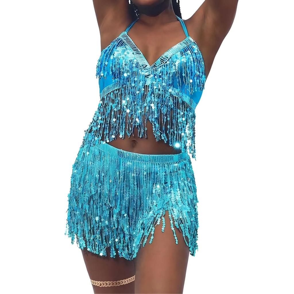 Belly Dance Top Bra Belt Set Latin Sequin Fringe Halter Hip Skirt Sexy Party Costume 4 Layer Tassel Stage Performance Cloth Wear