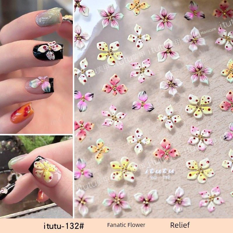 

New Arrival Maillard Devil Flower Relief Nail Stickers Cannibal Flower Three-Dimensional Colorful Flowers Adhesive Five Petal Flower Stickers itutu-132# Fanatic Flower Relief