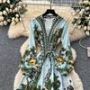 Summer Autumn Women Vintage Print V-neck Full Sleeve Single Breasted Long Maxi Holiday Seaside Dresses
