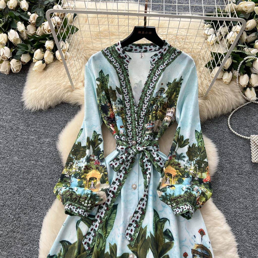 Summer Autumn Women Vintage Print V-neck Full Sleeve Single Breasted Long Maxi Holiday Seaside Dresses