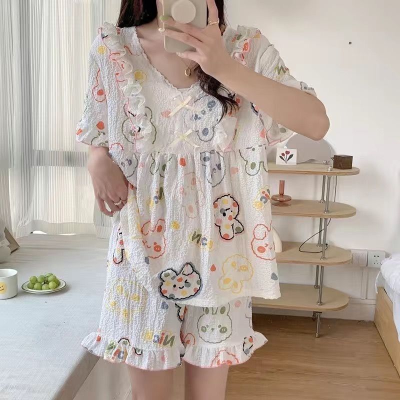 

Plus Size Pajamas Set Women s Summer Thin Short-sleeved Tops and Shorts Loose Loungewear Korean Style Students Home Clothes XXXXL