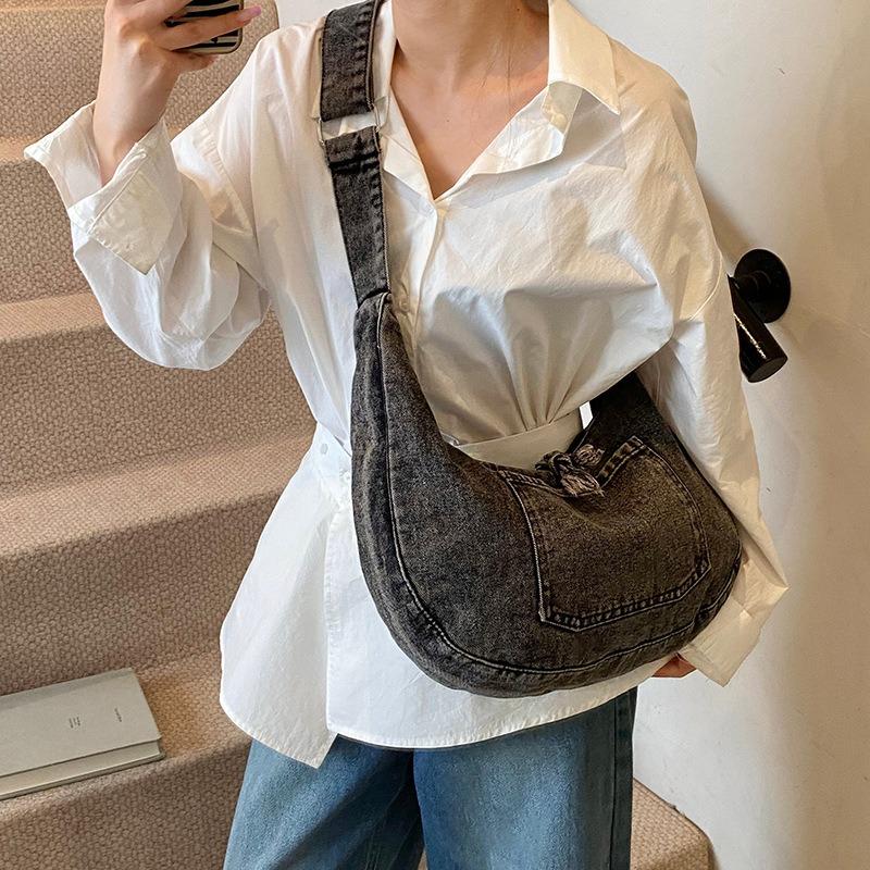 New denim women's bag casual simple literary large capacity solid color retro lazy wind crossbody shoulder bag