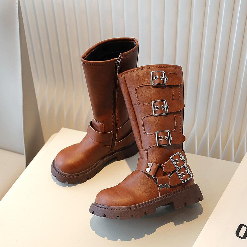 

Обувь для девочек детские длинные высокие сапоги 2025 весна и осень новые осенние ботинки из черного денима и кожи для маленькой девочки 26-30 yards, 5 pairs in one hand коричневый