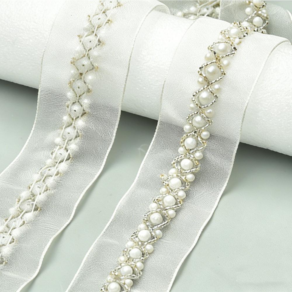 Beaded Pearl Lace Trim Soft Tulle Ribbon Handmade Beading Exquisite Lace Trim For Curtains Sleeve Decoration Bags