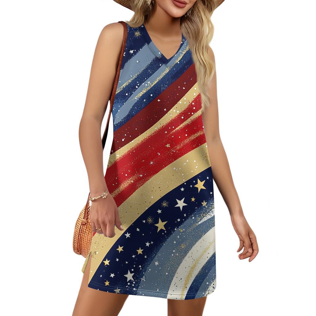 Rochie de vară casual de plajă cu gât în V pentru femei, fără mâneci, cu imprimeu de Ziua Independenței