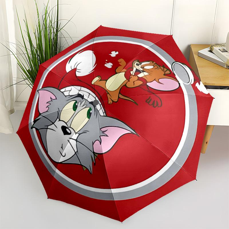 1pc Tom Jerry Automatic Open/Close Folding Umbrella, Windproof 8-Rib Construction, Lightweight Travel Umbrella for Women/Men 32