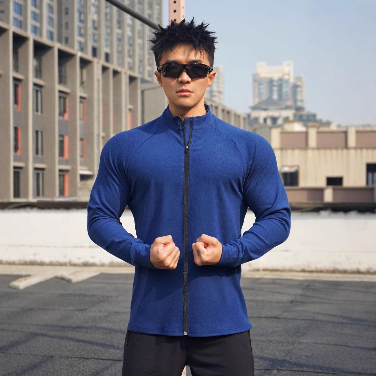 

Мужская повседневная велюровая футболка с длинным рукавом для тренировки мышц - эластичный воротник-стойка на молнии XXXL синий