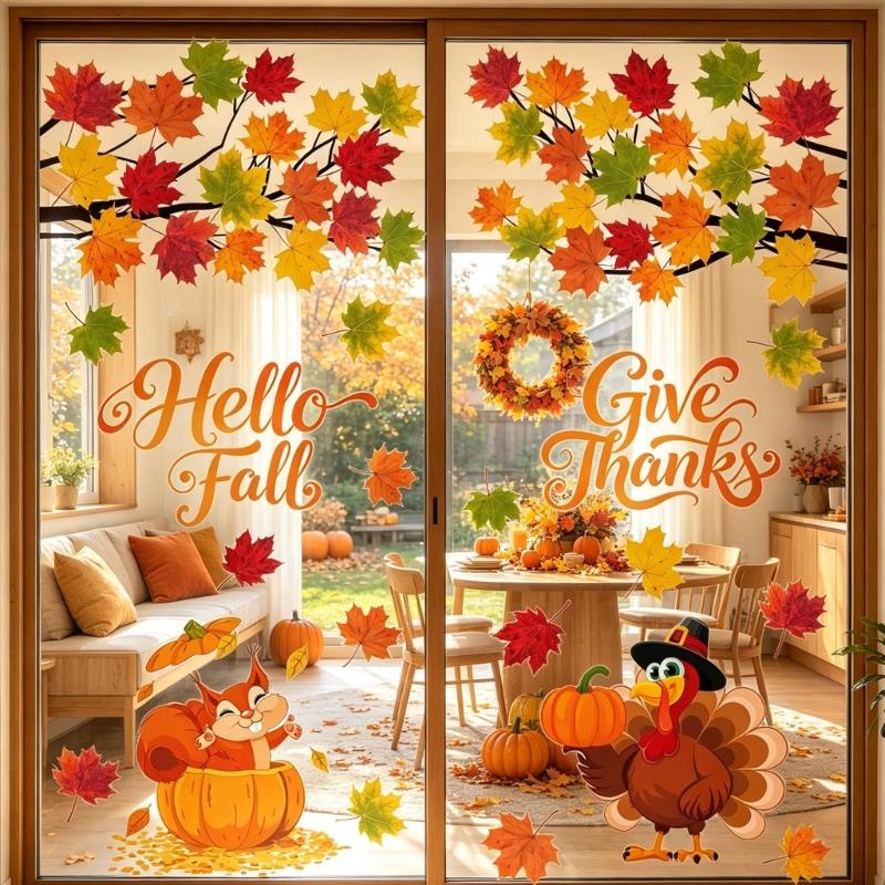 PVC Fall Window Clings, 6-Sheet Thanksgiving Collection with Turkey, Harvest Motifs, and Seasonal Lettering for Smooth Glass Displays