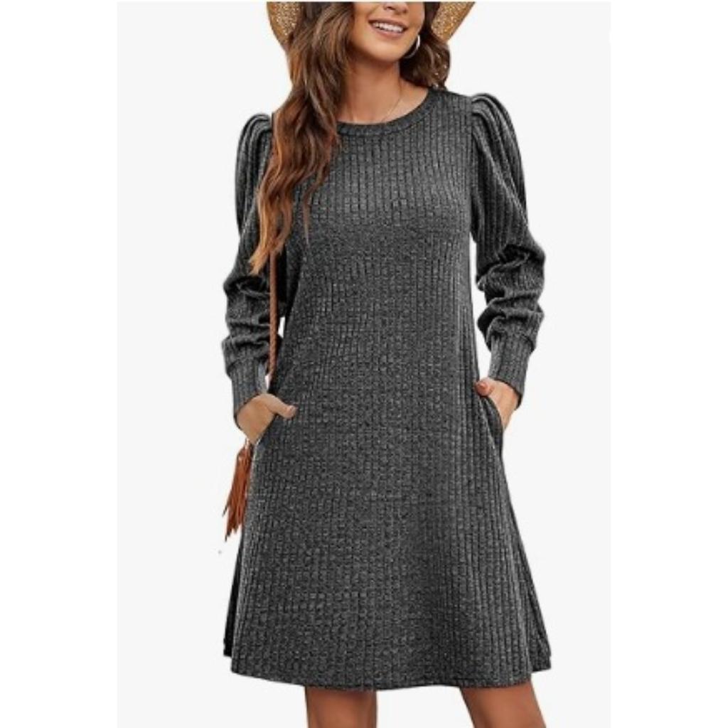 Women's Fashion Knit Dress, Casual Loose Round Neck Long Puff Sleeve Dress With Pockets For Fall Winter, European & American Style