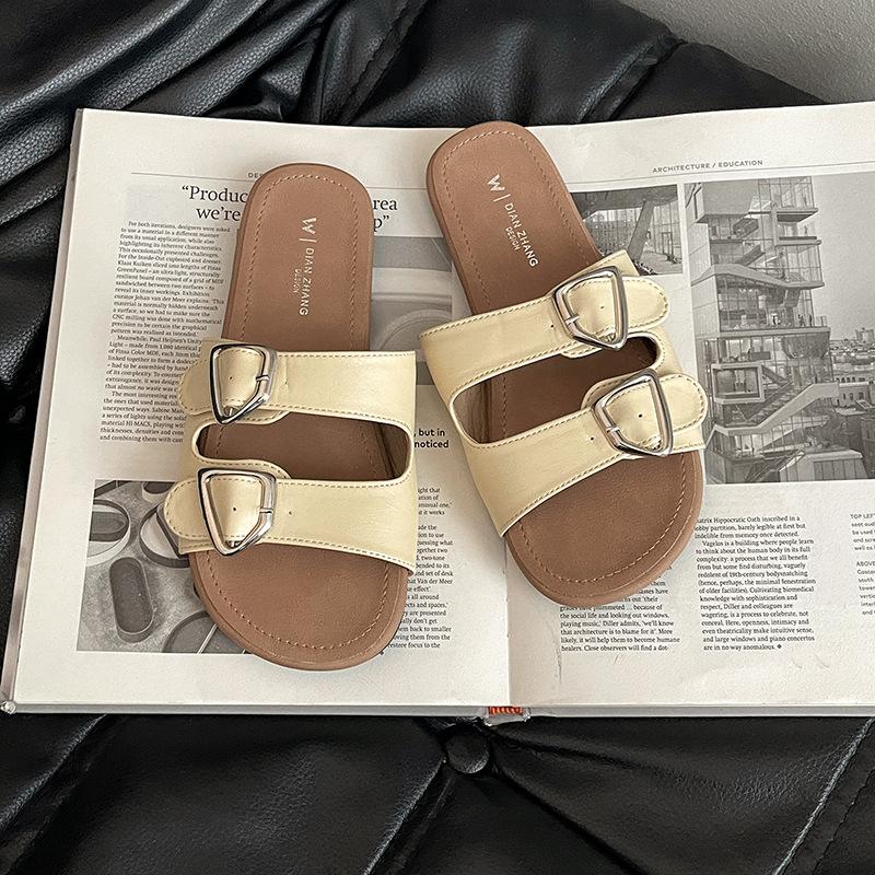 Flat-bottomed slippers women's summer fashion belt buckle soft bottom versatile word lazy pedal beach cool slippers