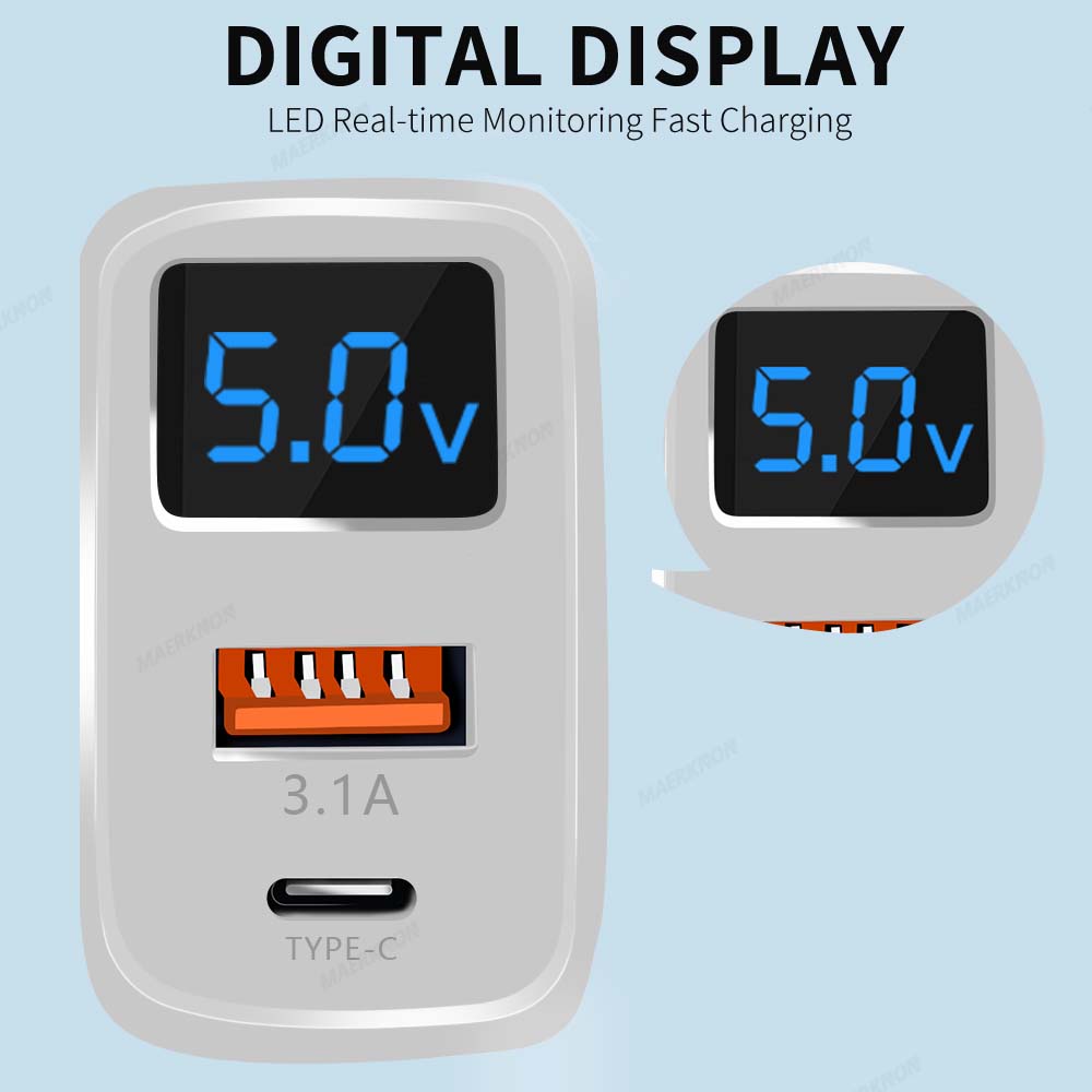 20W USB Charger Fast Charging 2 Ports Type C Phone Charger Adapter for IPhone Samsung Xiaomi Digital Display USB C Wall Charger