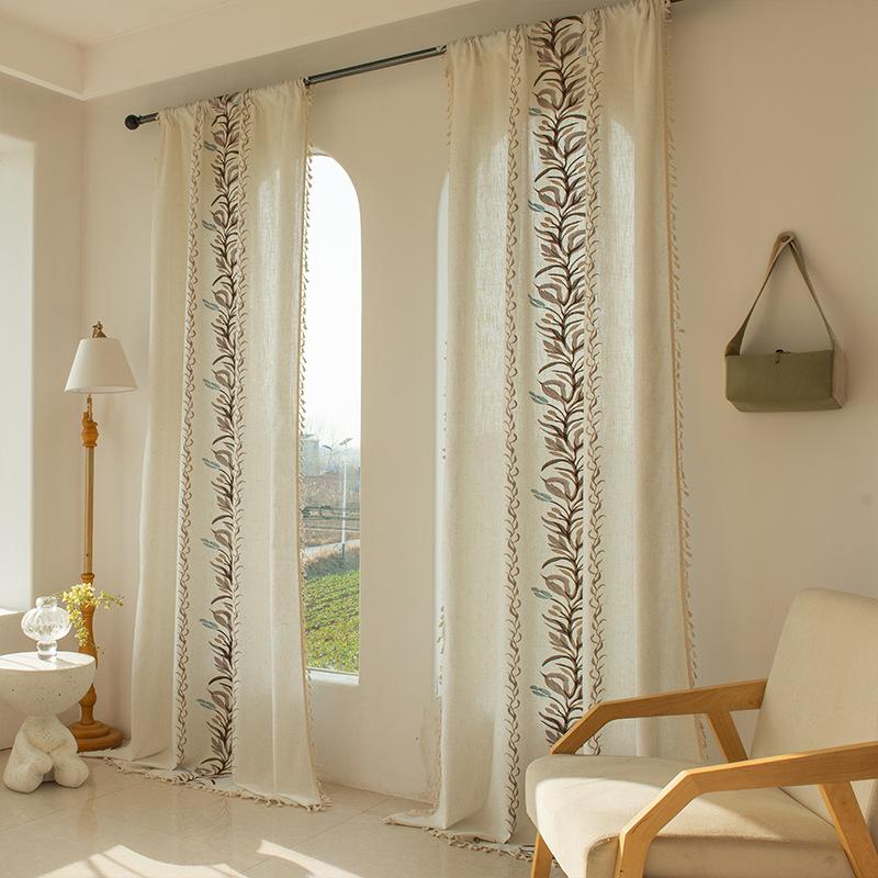 American Style Cotton Linen Fringe Embroidered Floral Semi Blackout Short Curtains for Living Room Bedroom Balcony Kitchen