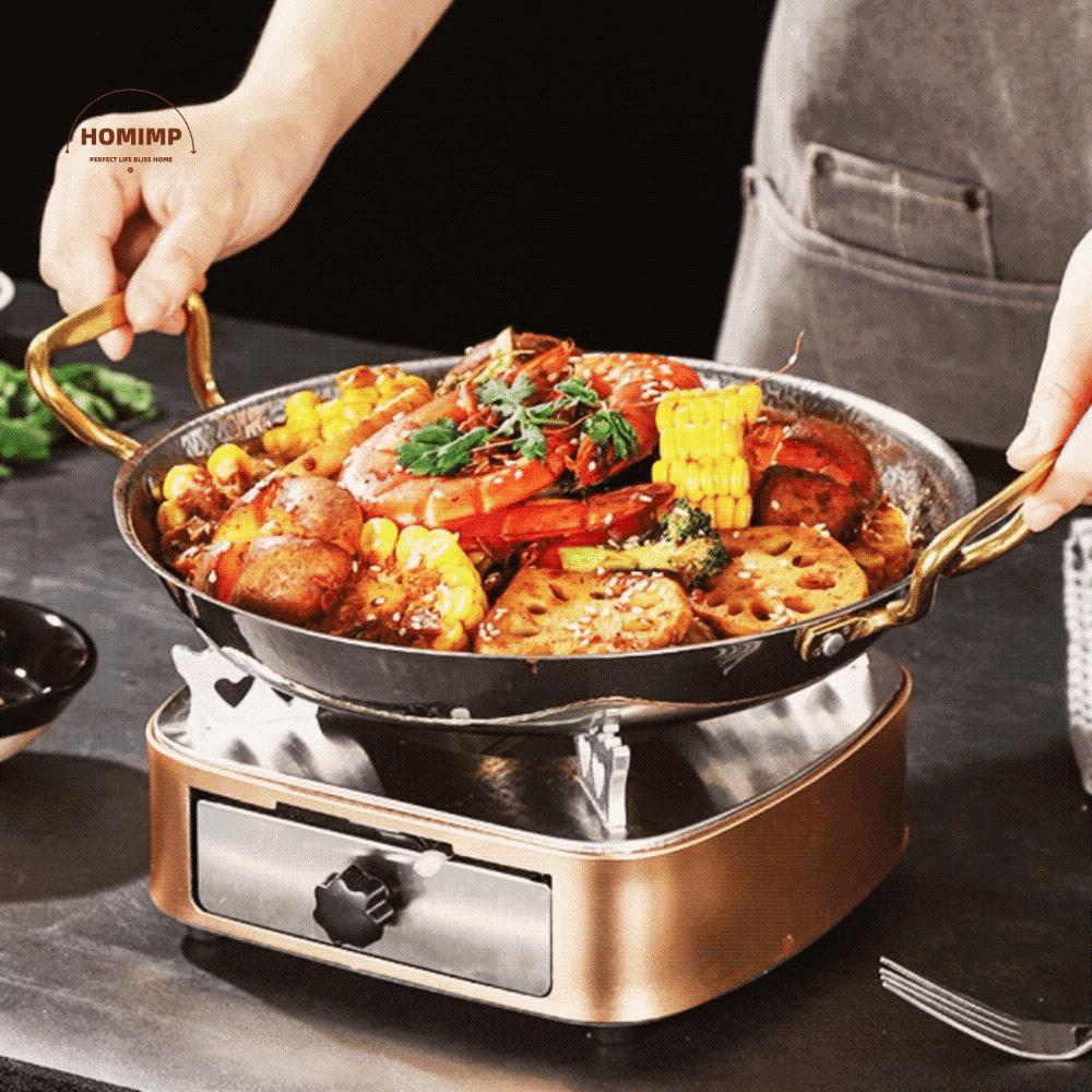 Stainless Steel Hammer Grain Seafood Paella Pan Flat Bottom Thickened Seafood Rice Pot Gold/Silver Binaural Handle Noodle Pot