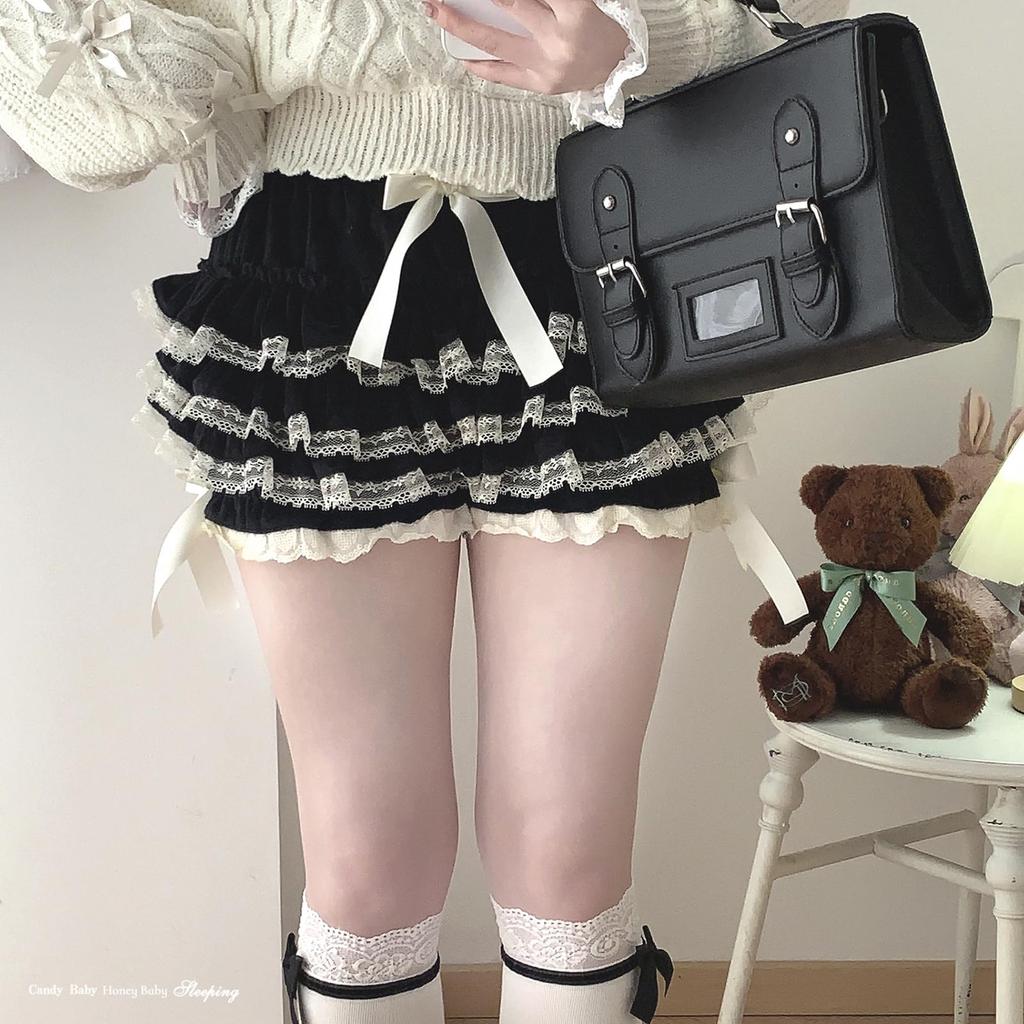 Cute Ruffled Lace Inner Stylish Black [XHSUKADO] Ribbon-Embroidered Pants, Petticoat, Fluffy, Pumpkin-Shaped Pants, Bottoms, Shorts, Women's, Opaque,