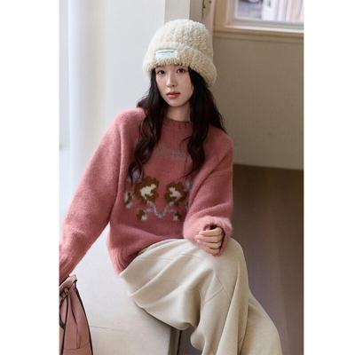 Damen Gemütlicher Jacquard Alpaka-Mischung Strickpullover