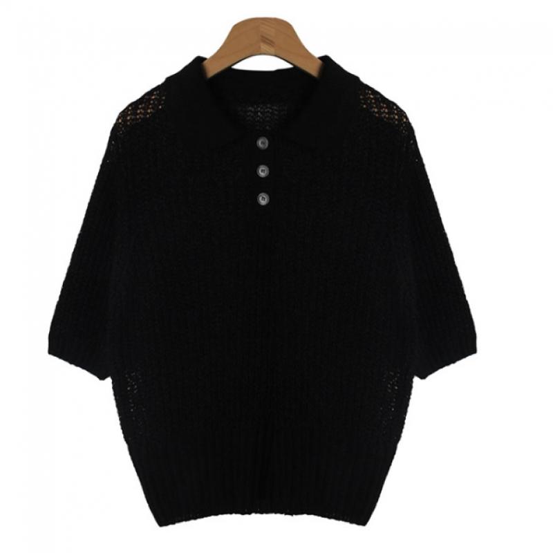 Shop   Women Collar Neck Half Open BuTTon Daily ShorT Sleeve KniT T shirT Ivory 