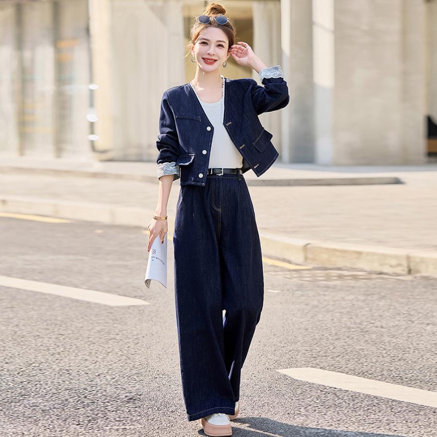 Denim suit women's spring and autumn new fashionable temperament design sense temperament fried street wide-leg pants two-piece set