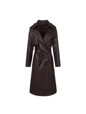 Gabardina Retro de Cuero PU para Mujer - Estilo Bata Americana, Doble Botonadura, Cinturón Ajustable en la Cintura, Solapa, Hombreras