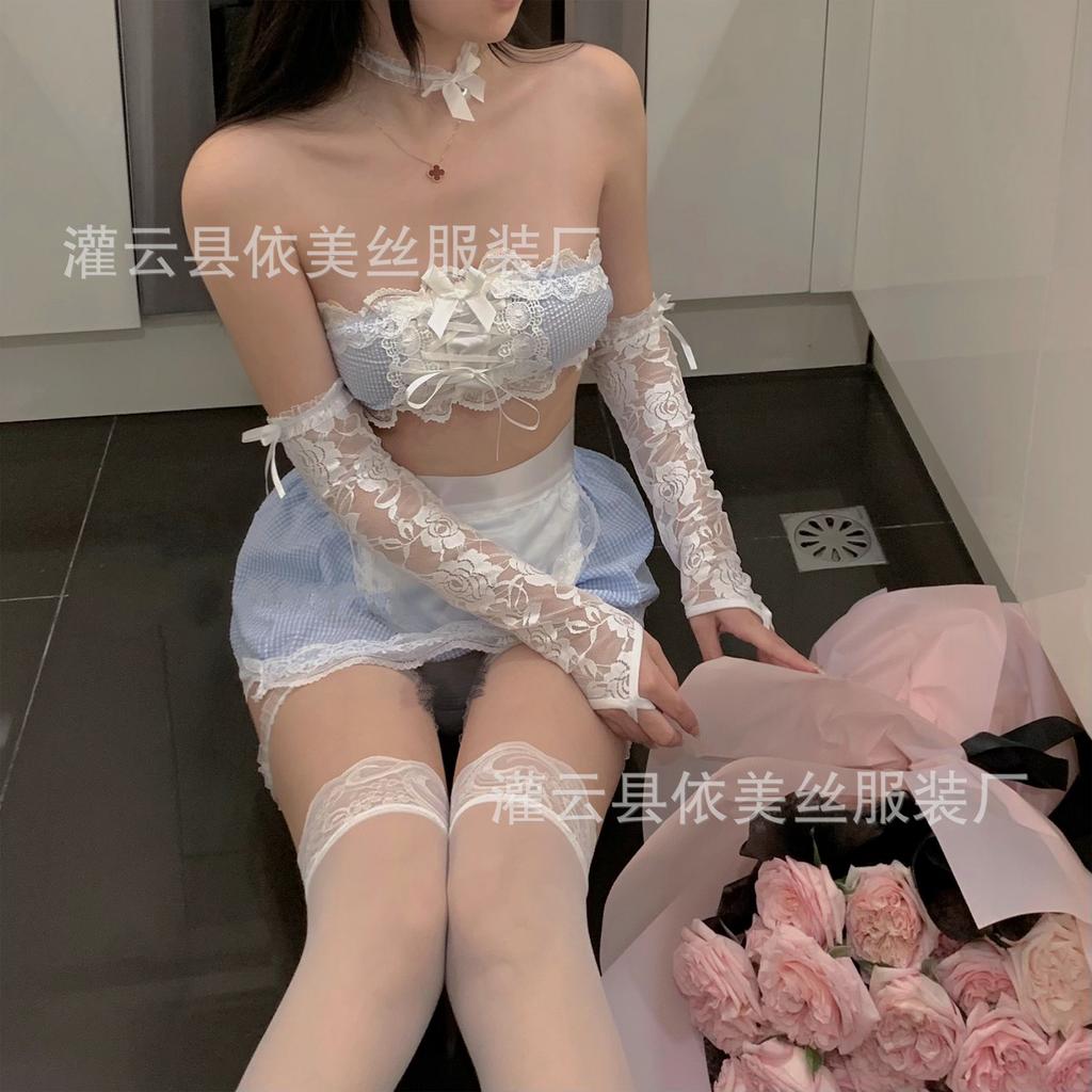 Sexy Lingerie Female Blue Grid Maid Cute Uniform Seduction Lace Pure Lust Wind Cosplay