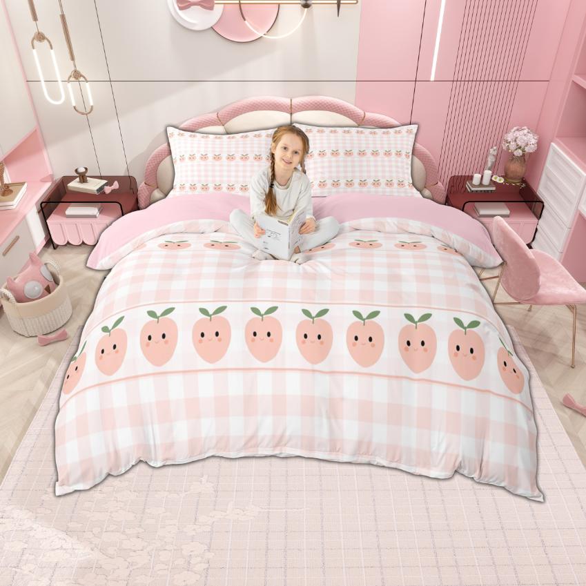 Homewish Colorful Floral Duvet Cover Set For Girls 2Pcs/3Pcs Cute Daisy Strawberry Bedding Cherry Flower Checkered Bed Set