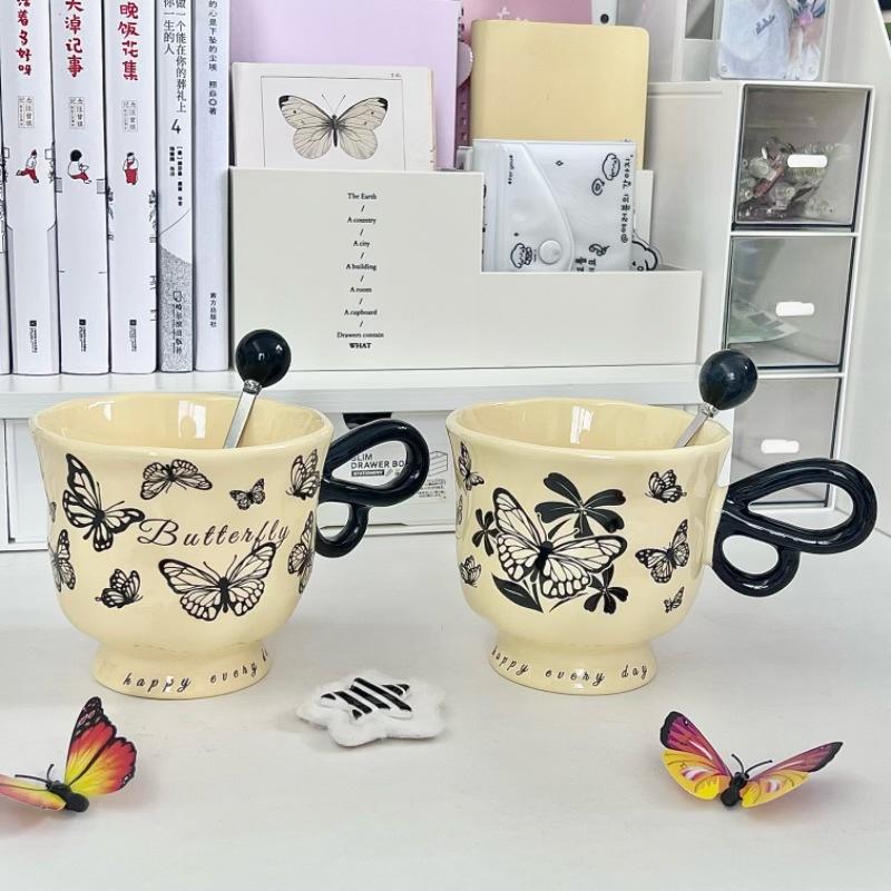 French Retro Butterfly Mug for Girls, High-end Coffee Cup, High-value Ceramic Water Cup, Birthday Gift for Girlfriends