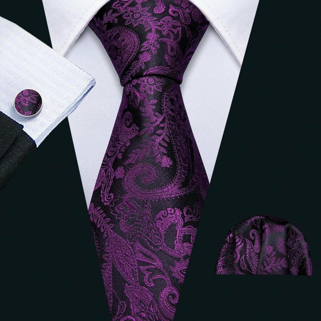 Barry Wang Formal Mens Paisley Silk Tie Set Mens Necktie Pocket Square Cufflinks Wedding