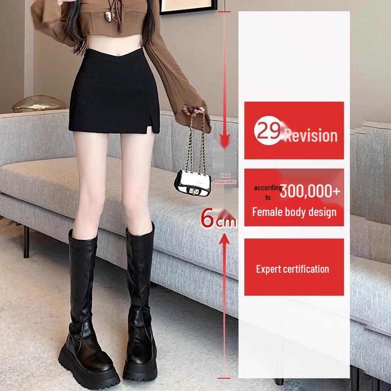 Spring/Summer 2024 Black A-line High Waist Stretch Slimming Midi Skirt with Slit - Hot Girl Edition