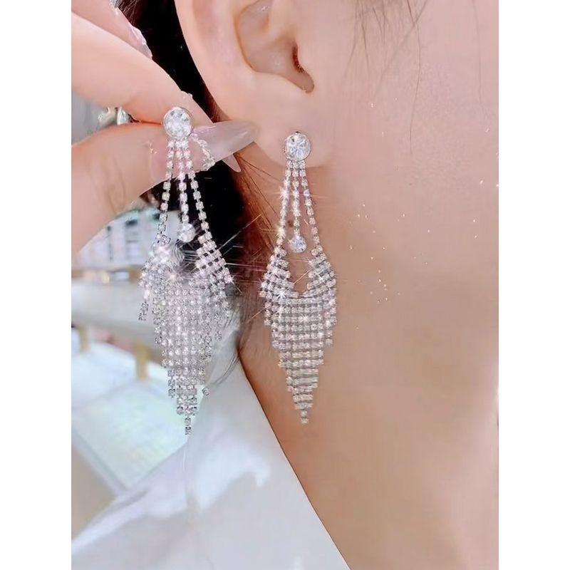 Fancy Full Rhinestone Tassel Earrings for Women Grandeur Design Fashion Allergic Square and round Face Long Luxury Dress Earrings for Women