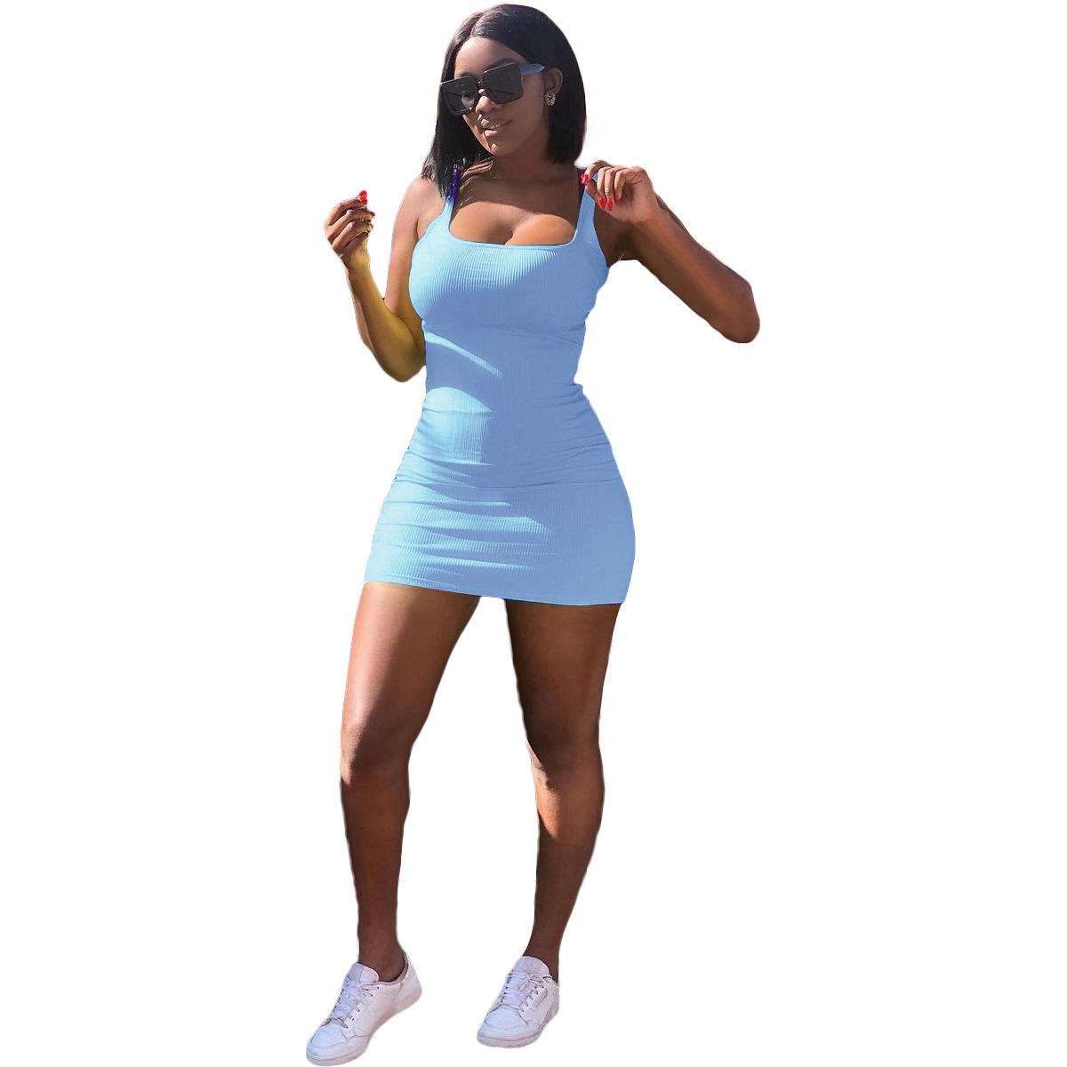 

Женское однотонное платье-комбинезон с подтяжками и U-образным вырезом в европейском и американском стиле Small небесно-голубой