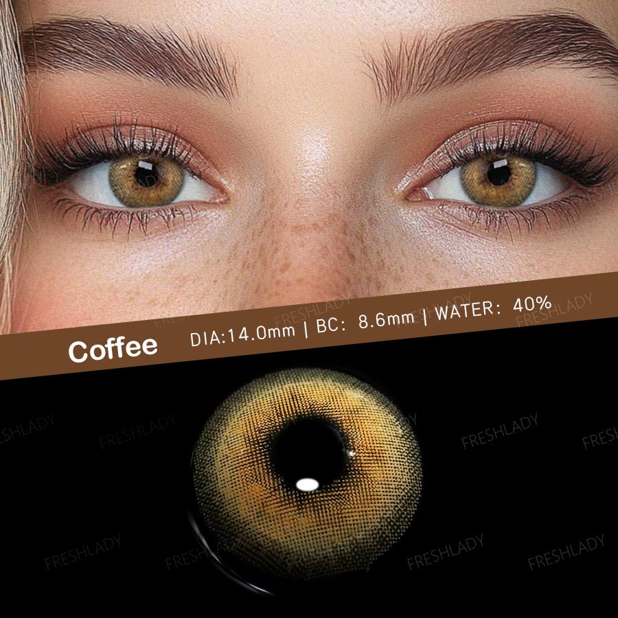FreshLady 1 Pair 2pc 14.00mm Yearly Disposable Brown/Gray/Green Content Colored Contacts Lens, Beautiful Pupil Eye Makeup Contactlens