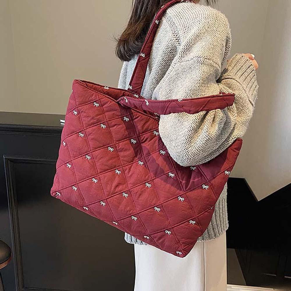 Versatile Quilted Tote Bag Embroidered Bow Bubble Shoulder Bag Rhombus Plaid Handbag  School