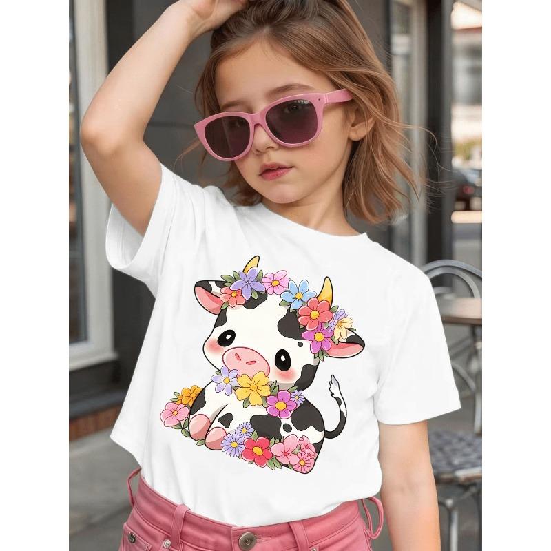 Girls Crewneck Short Sleeve Tee, Cute Cartoon Cow With Floral Headband Print 110 белый