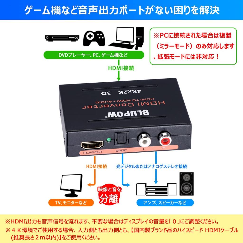 BLUPOW Power 4K30Hz Compatible HDMI Audio Splitter Optical Digital HDMI Sound Separator Audio Distributor Digital Audio Splitter Compatible with PS4