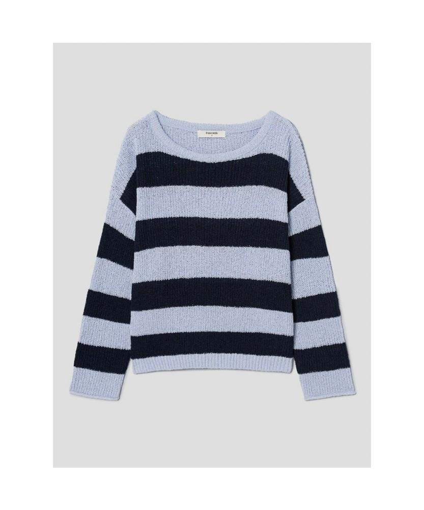 8SECONDS Loose Fit Striped Boat Neck Pullover Blue